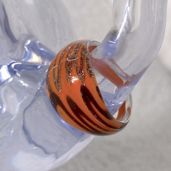 Vintage Art Glass Handmade Orange Burgundy Gold Glitter Band Ring - Picture 2 of 11